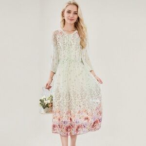 Women's Silk Floral Dress Sheer Sleeve For Wedding Guest Real Silk Life L-XL SK2